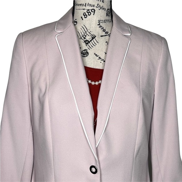 T Tahari Dusty Rose Blazer Size 8 One Button White Piping Trim Preppy Academia - Picture 2 of 15